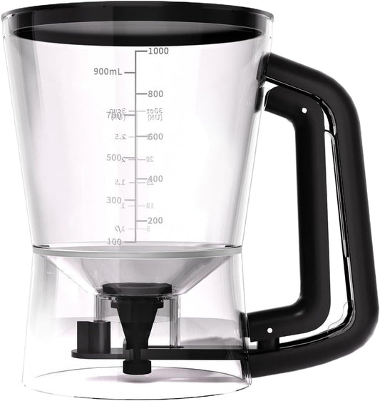 Pancake Batter Mixer - 1L Funnel Shape Container, Precise Baking Accessory, Comfortable Squeeze Handle, Cake Dispenser with Stand | Controlled Batter Pourer for Maker Waffles Pancakes Sauce Dressing