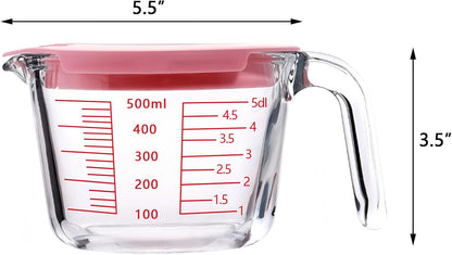 2-Cups Glass Measuring Cups with Lids Set, Measuring Jugs with Handle Liquid Measuring Cups Kitchen Mixing Bowl, Microwave, Oven, and Dishwasher Safe