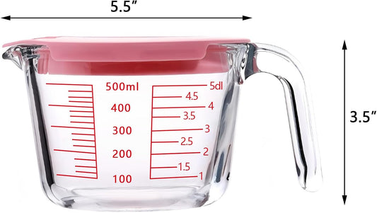 2-Cups Glass Measuring Cups with Lids Set, Measuring Jugs with Handle Liquid Measuring Cups Kitchen Mixing Bowl, Microwave, Oven, and Dishwasher Safe