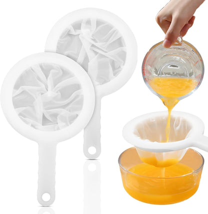 Nylon Mesh Strainer Set 2-Pack (100 & 200 Mesh), Ultra-Fine Plastic Sieve with Handle for Soy Milk Greek Yogurt Coffee & Juice, Reusable Kitchen Filter for Liquid Straining and Baking Supply Kit