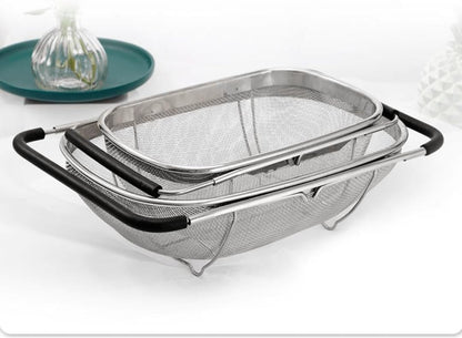 4qt Stainless Steel Oval Strainer Basket Colander, Over The Sink Fine Mesh Expandable, Colander For Kitchen Sink, Vegetables, Strain, Drain, Rinse Fruits (4 Quart Strainer Basket)