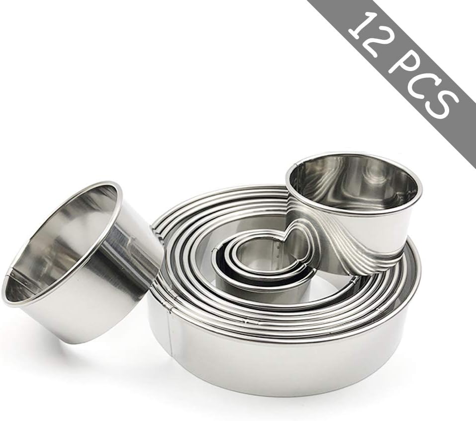 Stainless Steel Round Cookie Cutter Set, 12 Circular Biscuit Cutters Round Donut Ring Molds for Baking 1.2 Inch Height