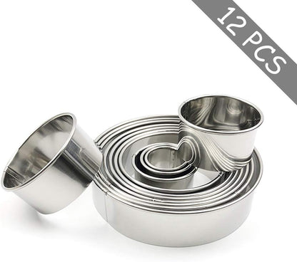 Stainless Steel Round Cookie Cutter Set, 12 Circular Biscuit Cutters Round Donut Ring Molds for Baking 1.2 Inch Height