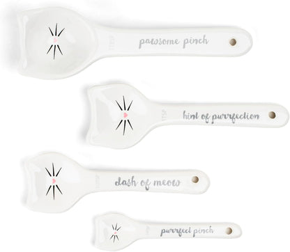 White Cat Measuring Cups & Spoons Gift Set – Ceramic Kitchen Tools for Cat Lovers & Bakers – 4 Measuring Cups and 4 Measuring Spoons – Unique Gift for Kitchen, Baking, and Cat Lovers