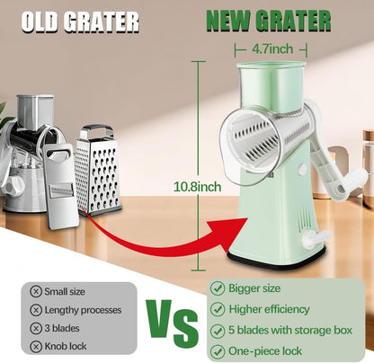 Rotary Cheese Grater, 5 in 1 Rotary Grater, Replaceable Stainless Blades Cheese Shredder, Cheese Slicer, Cheese Grater Hand Crank, Easy to Clean Kitchen Gadgets with Storage Box