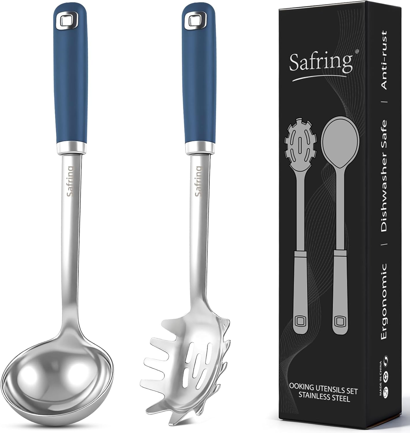Safring Stainless Steel Soup Ladle and Spaghetti Spoon Set, Heat Resistant Rubber Handle, Dishwasher Safe, Kitchen Utensils for Cooking, Stirring, Serving Pasta, Soup & Sauce