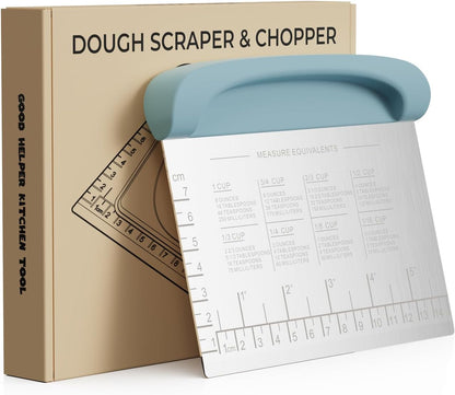 Bench Scraper Dough Cutter Tool - Bowl Pastry Scraper for Bread Cake Pizza, Bench Knife Kitchen Dough Scraper for Baking, Stainless Steel Food Scraper with Grip Handles & Measuring Scal, Blue