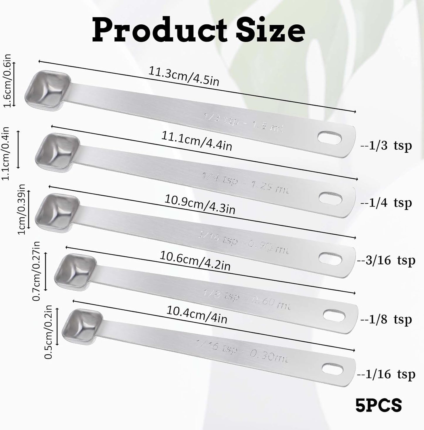 Stainless Steel Measuring Spoons Set - 5 Pcs, 1/3, 1/4, 3/6, 1/8, 1/16 Tsp