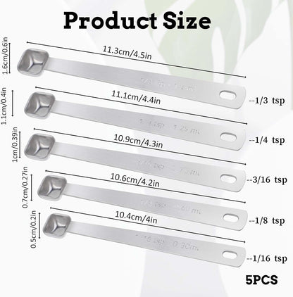 Stainless Steel Measuring Spoons Set - 5 Pcs, 1/3, 1/4, 3/6, 1/8, 1/16 Tsp