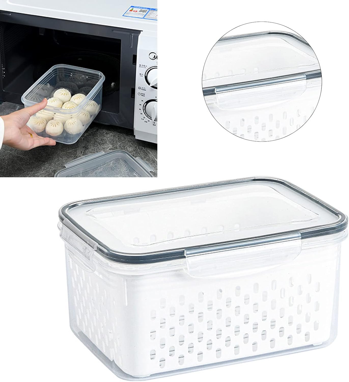 Drain Storage Basket, Fruit Storage Containers for Fridge with Removable Colander and Lid Produce Containers Keep Fruits Vegetables Meat Freshness (1750ML)