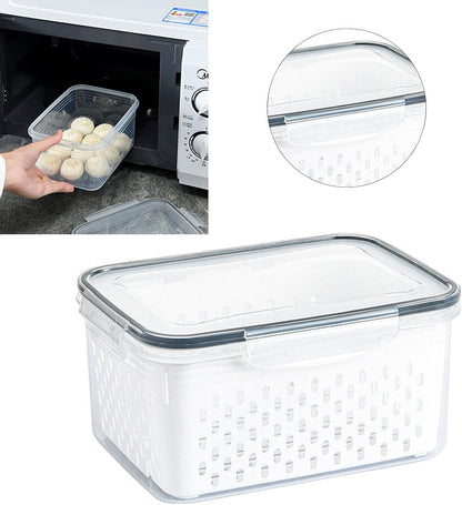 Drain Storage Basket, Fruit Storage Containers for Fridge with Removable Colander and Lid Produce Containers Keep Fruits Vegetables Meat Freshness (1750ML)