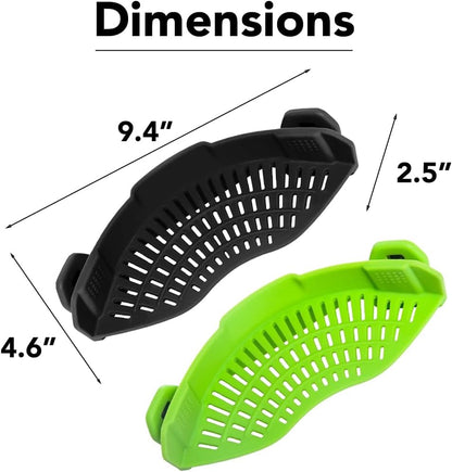 Clip‑On Pot Strainer Silicone Gray Dishwasher‑Safe Side‑Mount Design 9.4×4.6×2.5 Inches | Snap Drain Colander for Pans Bowls Skillets | Heat‑Resistant Kitchen Gadget Splash‑Guard