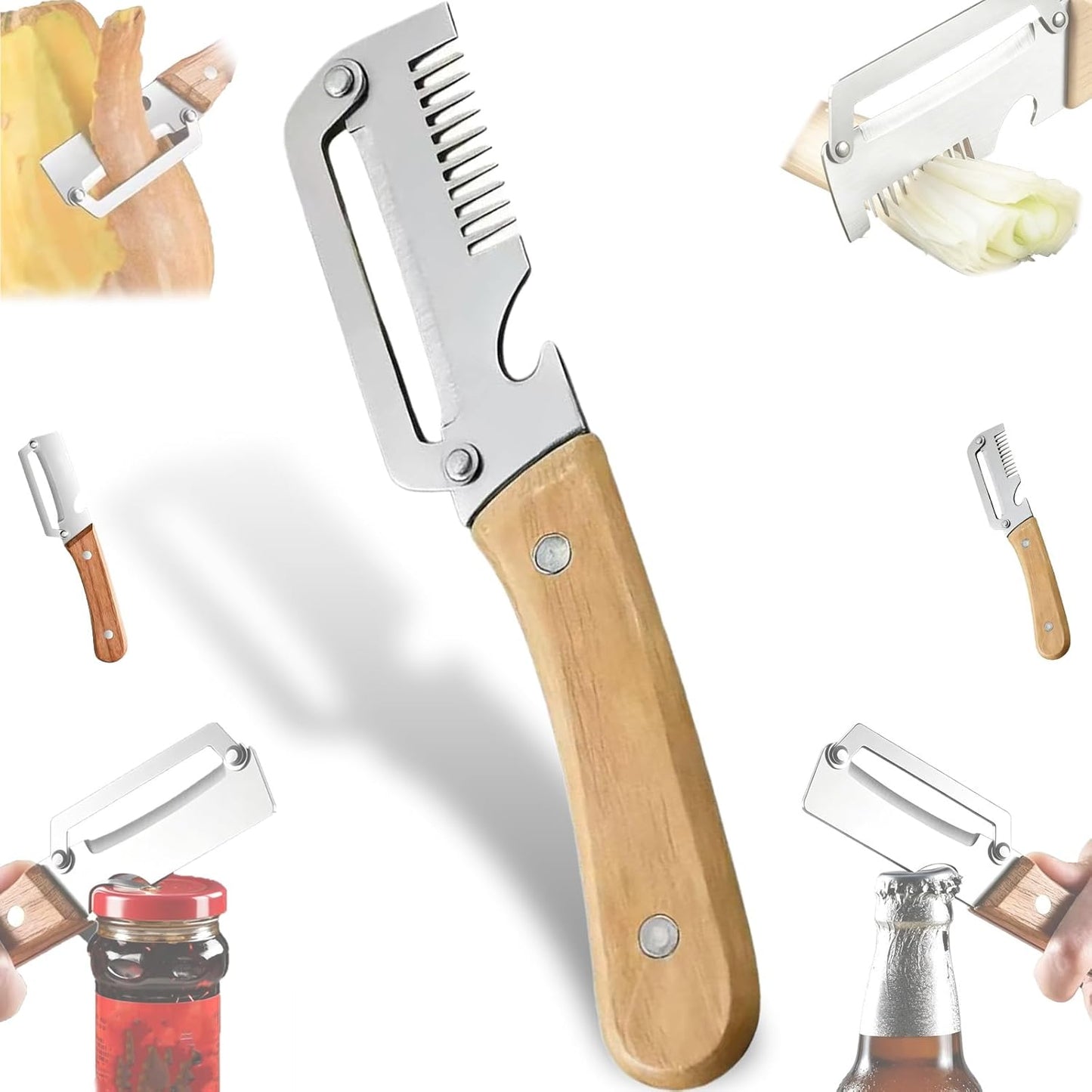 Multifunctional Vegetable Peeler With Wooden Handle, 3 In 1 Stainless Steel Sharp Knife For Fruit And Hard Skinned Produce, Kitchen Tool With Bottle Opener (2pcs)