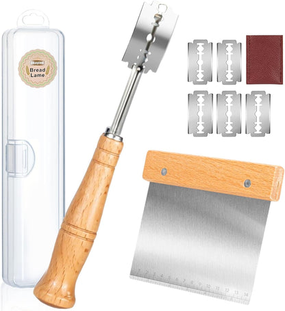 Hand Crafted Bread Lame Premium Sourdough Scoring Tool Bread Making Tools Set of 3 pieces Bread Knife(5 Blades) with Danish Dough Whisk and Dough Scraper Bread Cutter