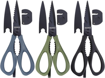 Kitchen Scissors All Purpose, Extra Sharp Kitchen Shears with Knife Sharpener & Sheath, Solid & Durable Stainless Steel Scissors with ANTI-RUST Black Titanium Plated, Dishwasher Safe - Green