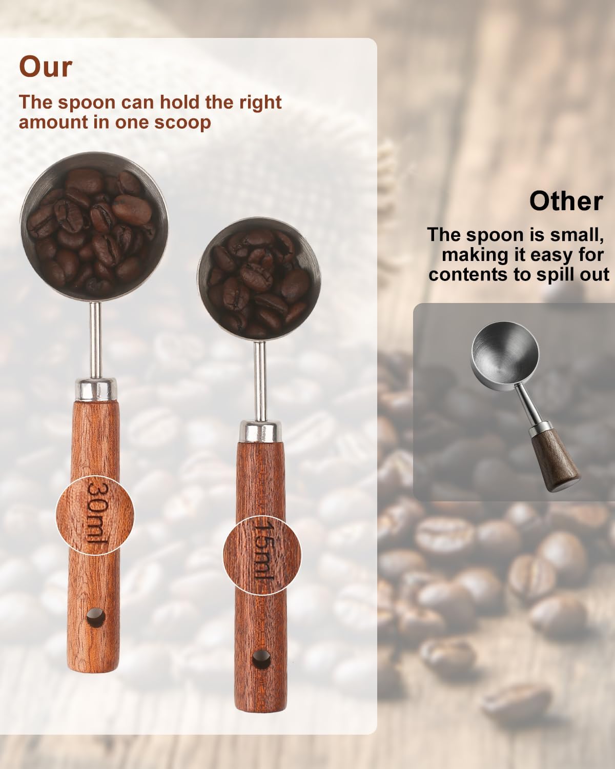 Coffee Scoop Set, 2 PCS 304 Stainless Steel Wood Handle Coffee Measuring Spoons, 15ml & 30ml for Ground Espresso Beans, Long Wooden Handle Scoop Kitchen Utensil for Scooping