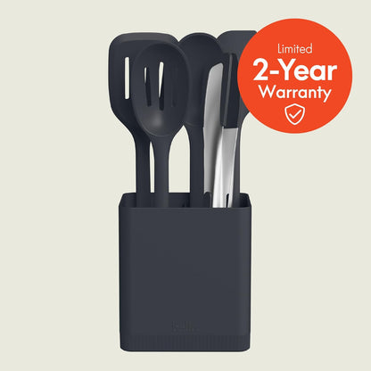 bella 6-Piece Modular Tool Set, Silicone, Turner, Spoon, Slotted Spoon, Spatula, Tongs, Crock with removable divider, Non-toxic*, Food-grade, Heat safe to 425°F, Dishwasher Safe, Slate