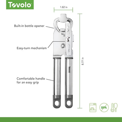 Tovolo Can Opener Manual Heavy Duty 2 in 1 Stainless Steel with Bottle Opener Kitchen Tool Easy Turn Handle Charcoal Gray, Smooth Edge Safe Cut No Sharp Edges Manual Hand Held Can Opener for Tin Cans