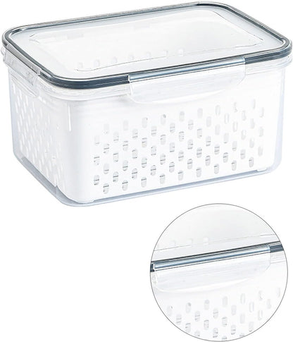 Drain Storage Basket, Fruit Storage Containers for Fridge with Removable Colander and Lid Produce Containers Keep Fruits Vegetables Meat Freshness (1750ML)