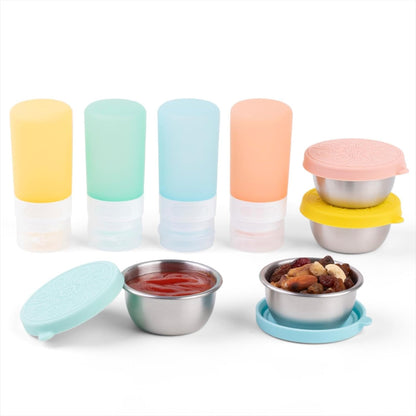 MICEBAY 8-Pack Salad Dressing Container To Go, 2-oz Silicone Small Condiment Squeeze Bottles and 1.6 oz Stainless Steel Sauce Containers Cups, Leakproof Condiment Containers with Lids for Lunch Box