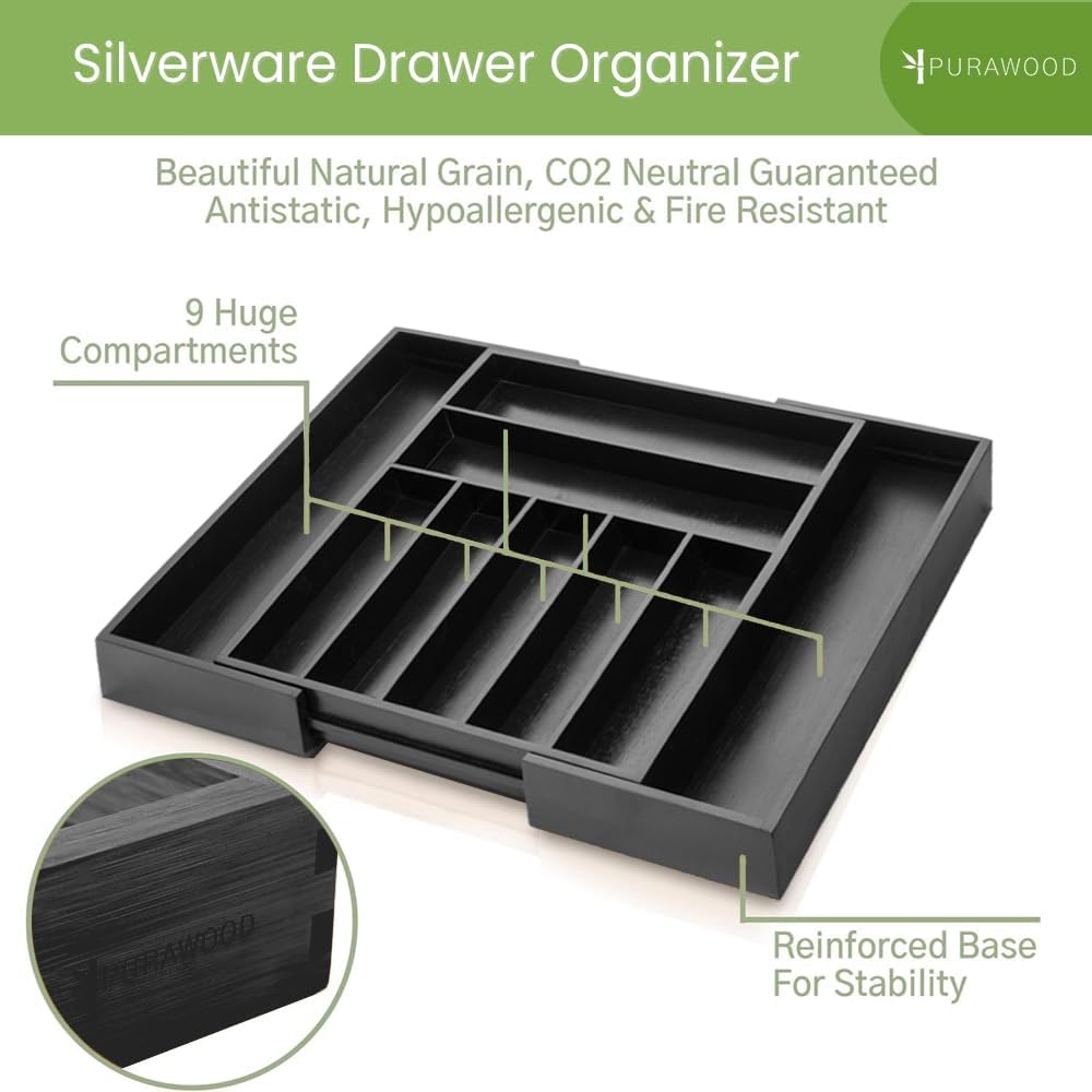 Purawood Bamboo Drawer Organizer - Expandable Silverware Organizer & Utensil Drawer Organizer, Cutlery Tray with Dividers, 7-9 Slots- Kitchen Organizer for Utensils & Flatware (Natural)