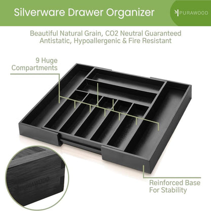 Purawood Bamboo Drawer Organizer - Expandable Silverware Organizer & Utensil Drawer Organizer, Cutlery Tray with Dividers, 7-9 Slots- Kitchen Organizer for Utensils & Flatware (Natural)