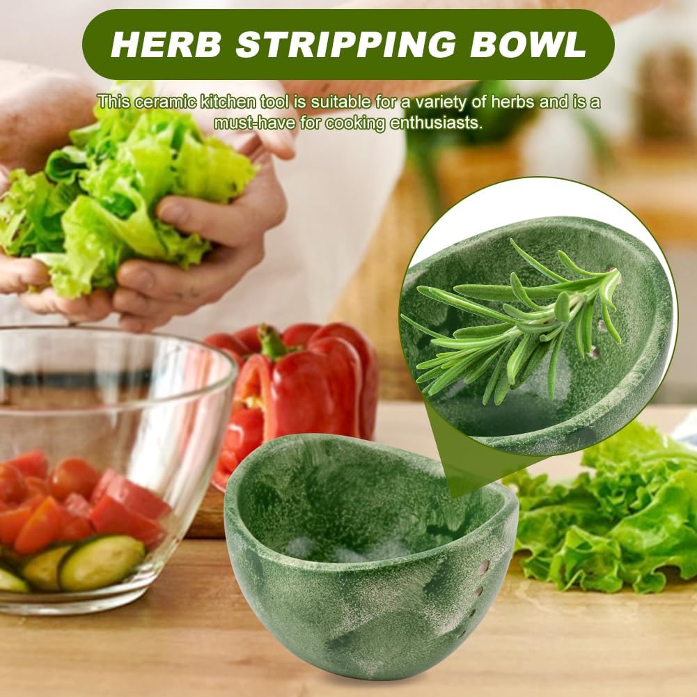 Pottery Herb Stripper Bowl, Small Handmade Resin Herb Stripper, Ceramic Herbs Grinder Pill Crusher Set Parsley Thyme Rosemary, for Pill Crusher, Spice, with Multi Size Holes(Color:Green)