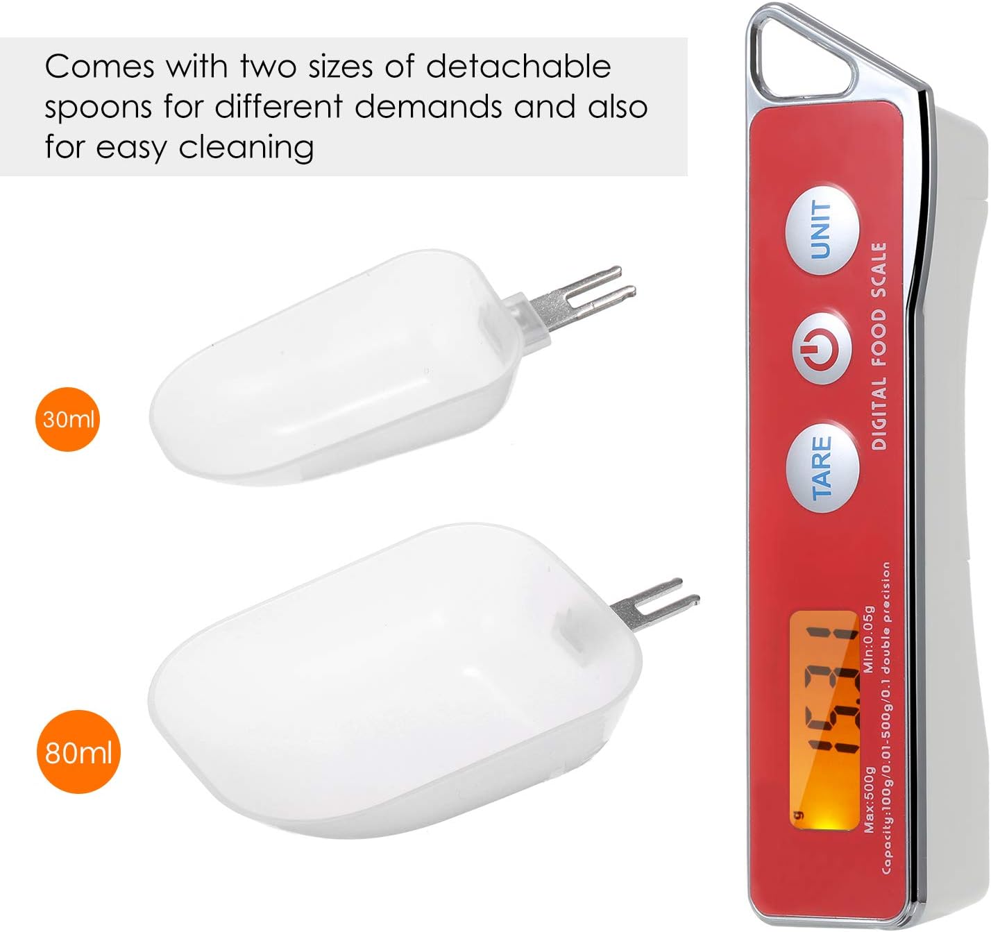 Spoon Scale, Digital Spoon Scale Electronic Measuring Spoon Scale Household Kitchen Spoon Scale Food Scale with Tare Function Capacity 0.05g to 500g Support Unit g/oz/gn/ct/