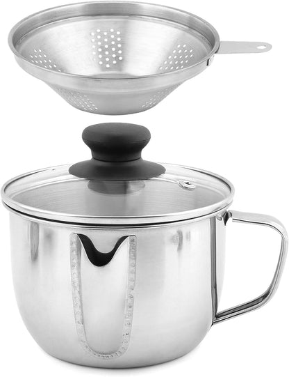 Stainless Steel Fat Separator with Strainer & Glass Lid, 1000ml Gravy Grease Separator for Soup, Stew, and Sauces,Two-Way Outlet, Multi-Use Kitchen Essential