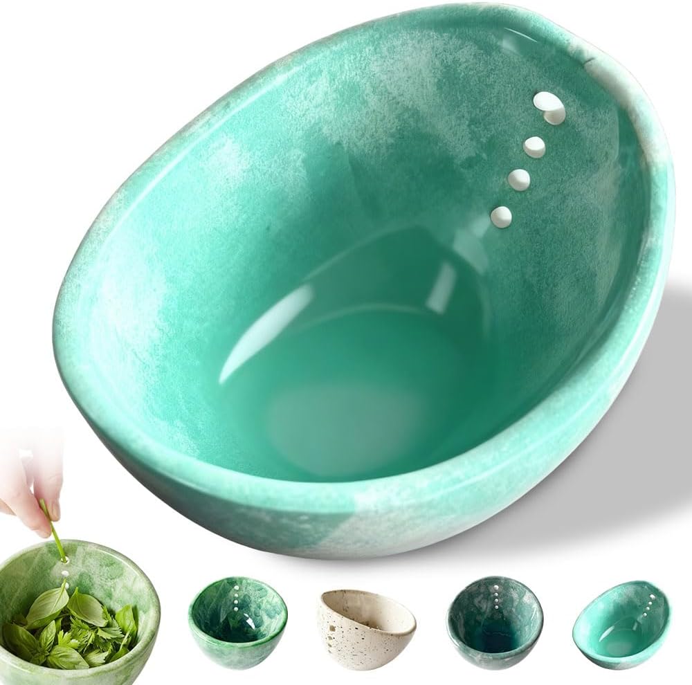 Herb Stripper Bowl, 2026 New Ceramic Herb Stripper with 4 Sizes of Round Holes, Efficient Herb Peeling Cup for Kitchen (White, Resin Version)
