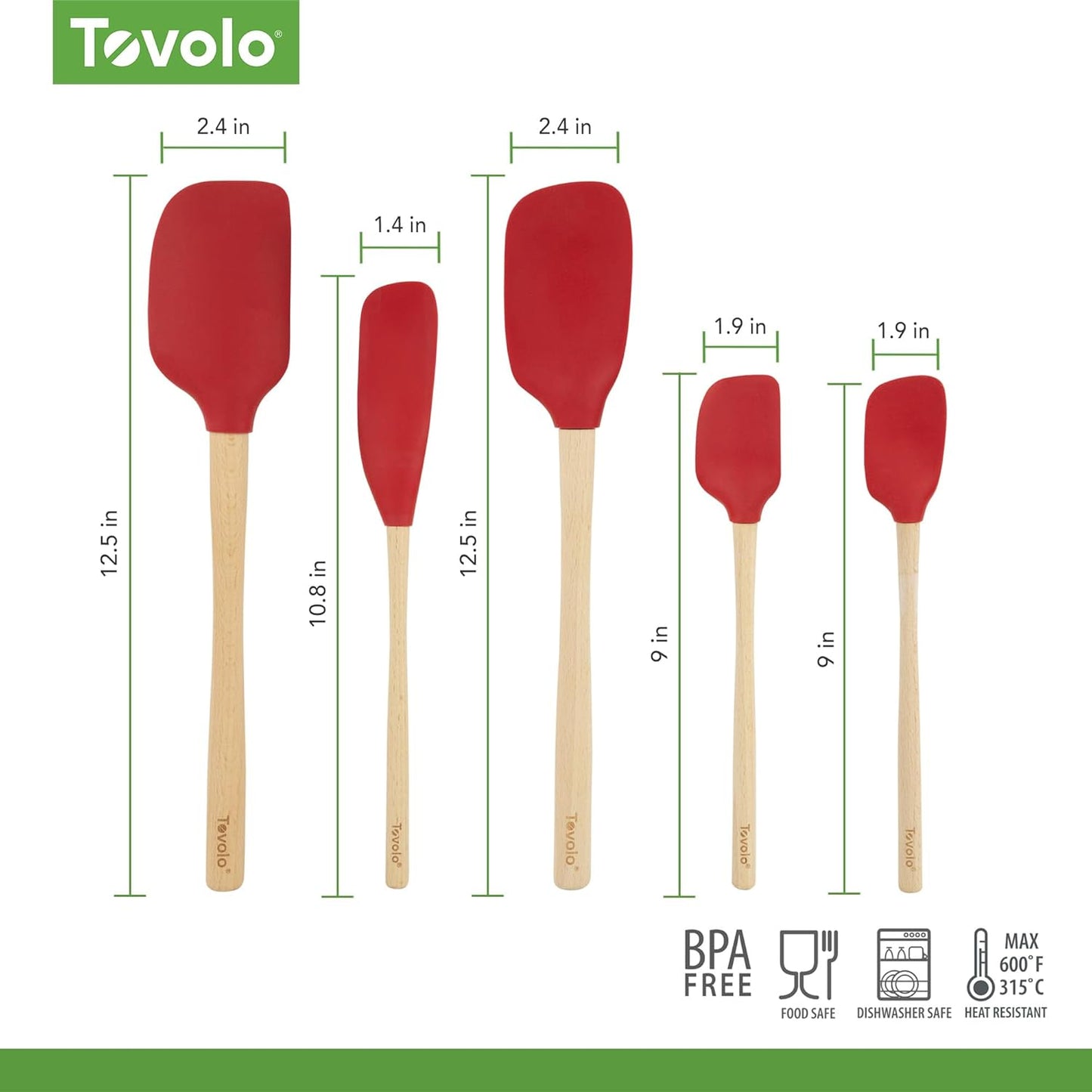 Tovolo Silicone Spatula with Wooden Handle Set of 5 Piece Silicone Kitchen Utensil Set Spoonula Jar Scraper Mini Spatula and Spoonula for Cooking Baking Mixing Folding Deep Indigo