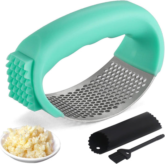 Upgraded Stainless Steel Garlic Press, Rocker Mincer Crusher Masher with Peeler and Cleaning Brush, Chopper for Kitchen Gadgets (C-BLACK)