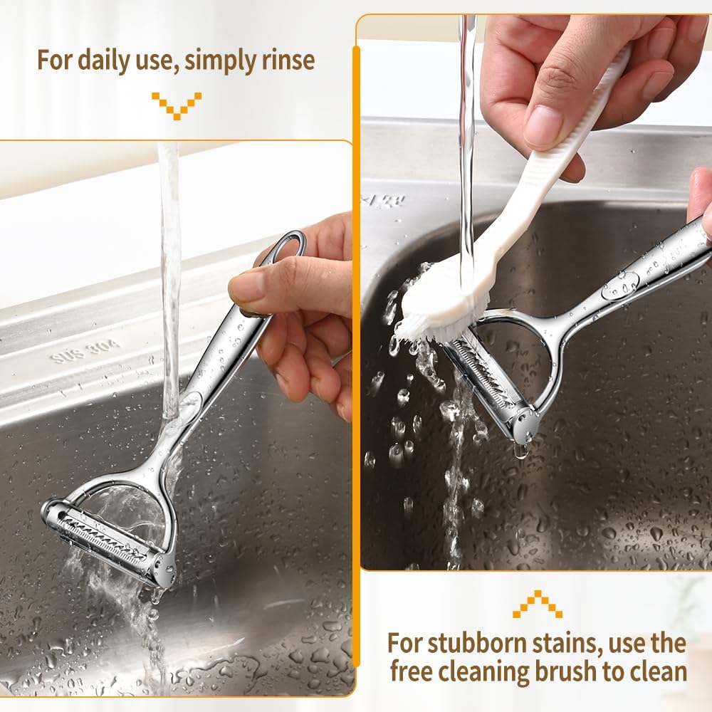 2 in 1 Ultra Sharp Julienne Peeler Vegetable Peeler for Kitchen with Clean Brush, Potato Peeler Y Peelers for Potatoes, Carrots, Fruits, Veggie, 2 Pack