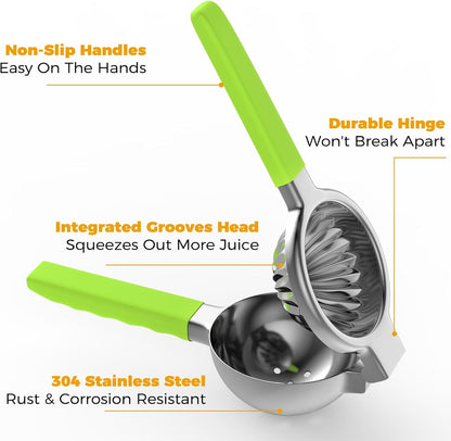 Stainless Steel Lemon Squeezer - Metal Citrus Juicer - Lime Lemon and Fruit Juicer with Silicone Handles - Large Manual Citrus Press Juicer - Hand Held Squeezer - Ergonomic Design with Solid