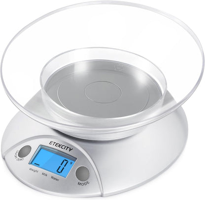 Etekcity 0.1g Food Kitchen Scale, Bowl, Digital Grams and Ounces for Weight Loss, Dieting, Baking, Cooking, and Meal Prep, 11lb/5kg, Stainless Steel Silver