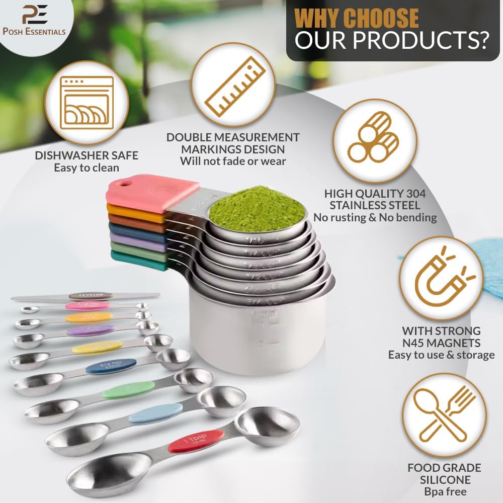 15 PCS Magnetic Measuring Spoons & Cups Set - 18/8 Food Grade Stainless Steel, Double Sided, Dishwasher Safe - Easy Read & Stackable for Effortless Storage