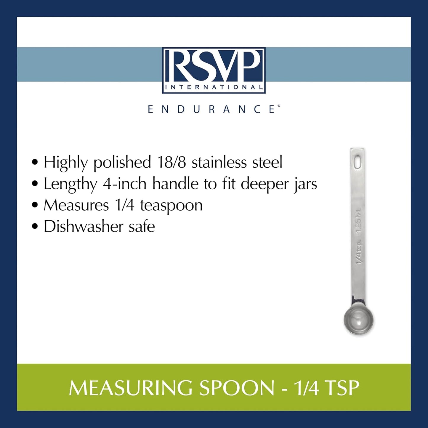 RSVP International Endurance Kitchen Collection Open Stock Measuring Spoon, Stainless Steel, Dishwasher Safe, 0.5-Teaspoon