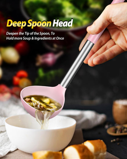 Silicone Pasta Fork and Ladle Spoon Set, Large Non Stick Kitchen Utensils for Cooking,Stirring,Serving Spaghetti, Soup, Sauce (GRAY)