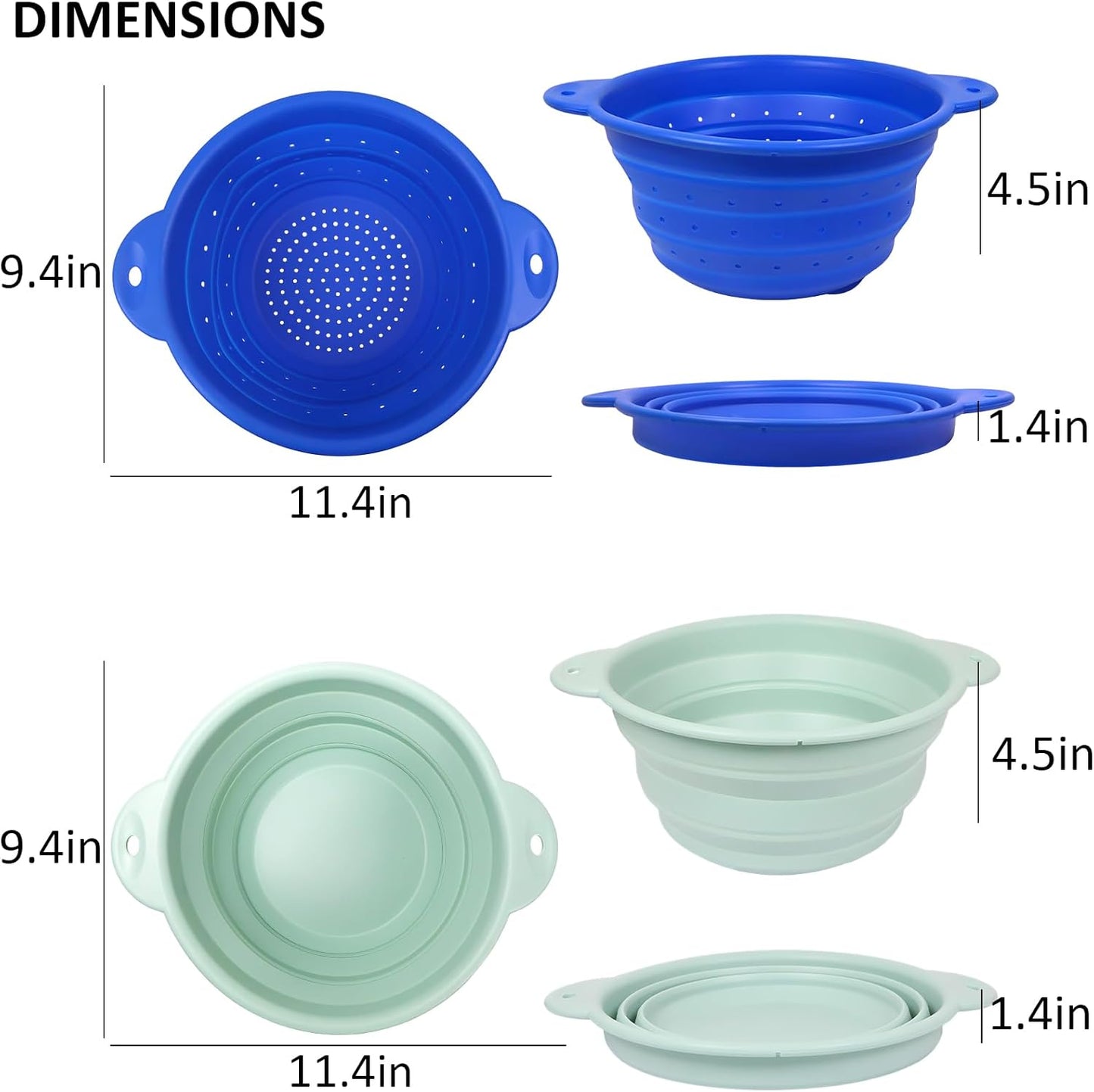 Collapsible Silicone Colander Basin Set, Thickened Strainer bowl, for Kitchen, RV, Camping, Draining Pasta, Washing Fruit, Vegetable
