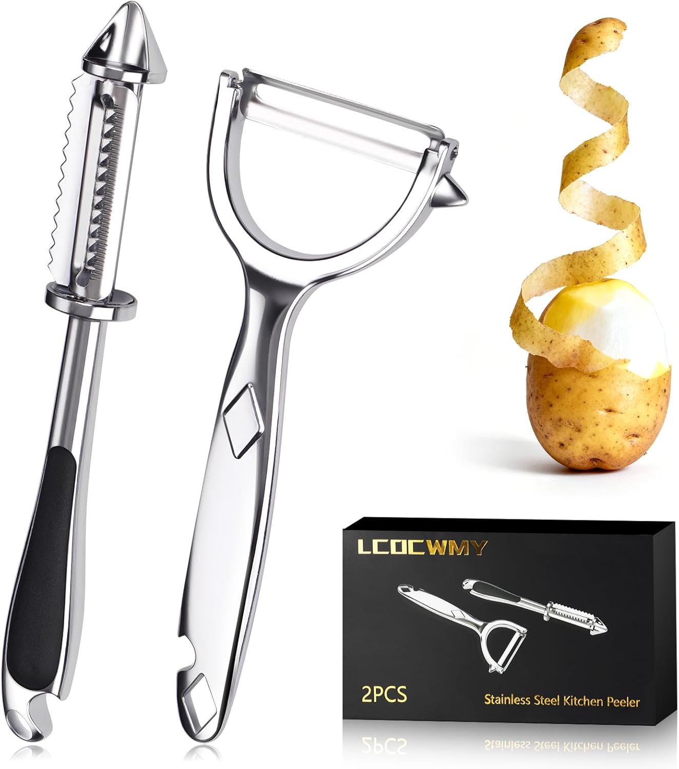 5-in-1 Vegetable Fruit Peeler Set, Y & I-Shaped Stainless Steel Blades with Ergonomic Non-Slip Handle, Sharp Kitchen Peeler for Fruits Carrots Potatoes (2-Pack)