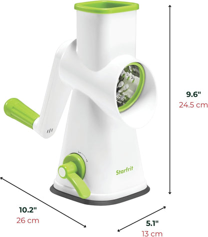 Starfrit Rotary Drum Grater - 4 Interchangeable Stainless Steel Drums - Slicing, Coarse and Fine Grating, Ice Shaving - Great for Vegetables, Cheese, Nuts, Chocolate