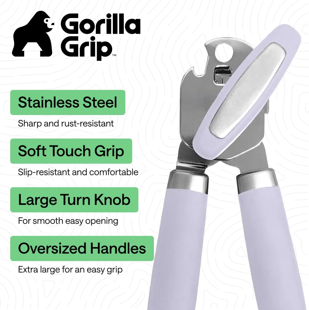 GORILLA GRIP Heavy Duty Stainless Steel Smooth Edge Manual Can Opener and Bottle Openers, US Designed, Soft Comfortable Handle, Oversized Handheld Turn Knob, Multifunctional Kitchen Tool, Black