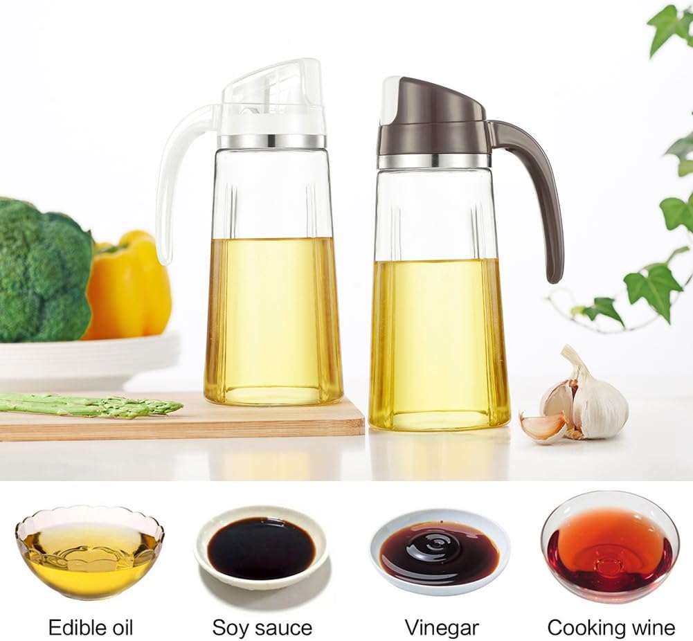 Marbrasse Oil Dispenser for Kitchen,20 OZ /600ml Leakproof Glass Oil Bottle with Auto Flip Cap,Olive Oil Container for Kitchen Cooking (White)