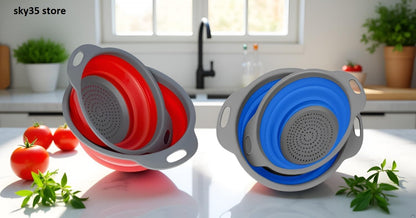 Collapsible Colander Set of 4-2 Red + 2 Blue Silicone Foldable Strainers, BPA-Free, Space Saving Kitchen Sieve with Handles - 2 Sizes (Large & Medium)