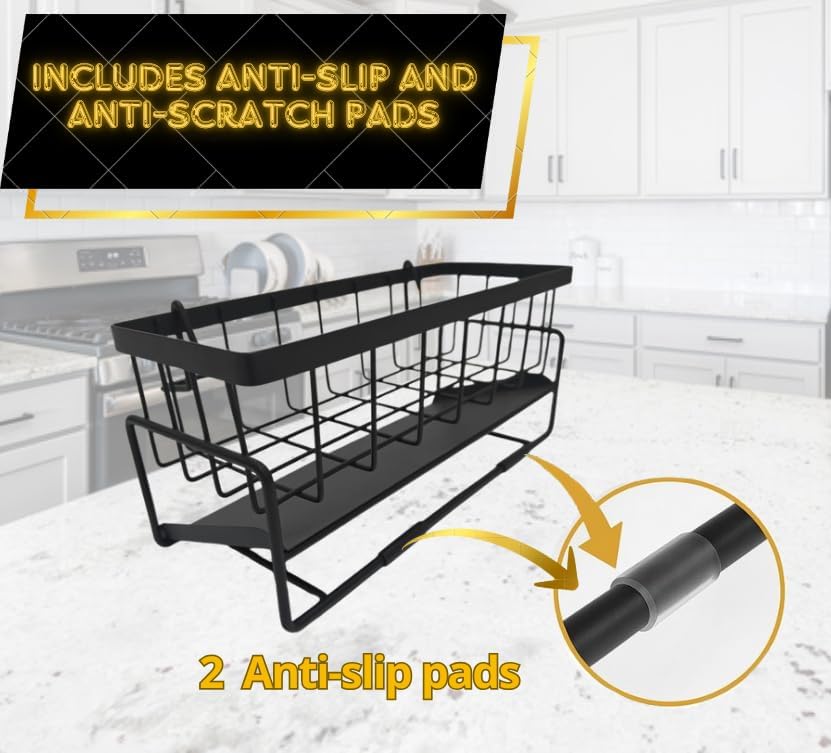 Black Kitchen Sink Caddy Organizer - Sponge Caddy with Self-Draining Tray, Stainless Steel Sink Caddy Kitchen Sink Organizer, Non-Slip Sink Drying Rack for Dishwashing Supplies
