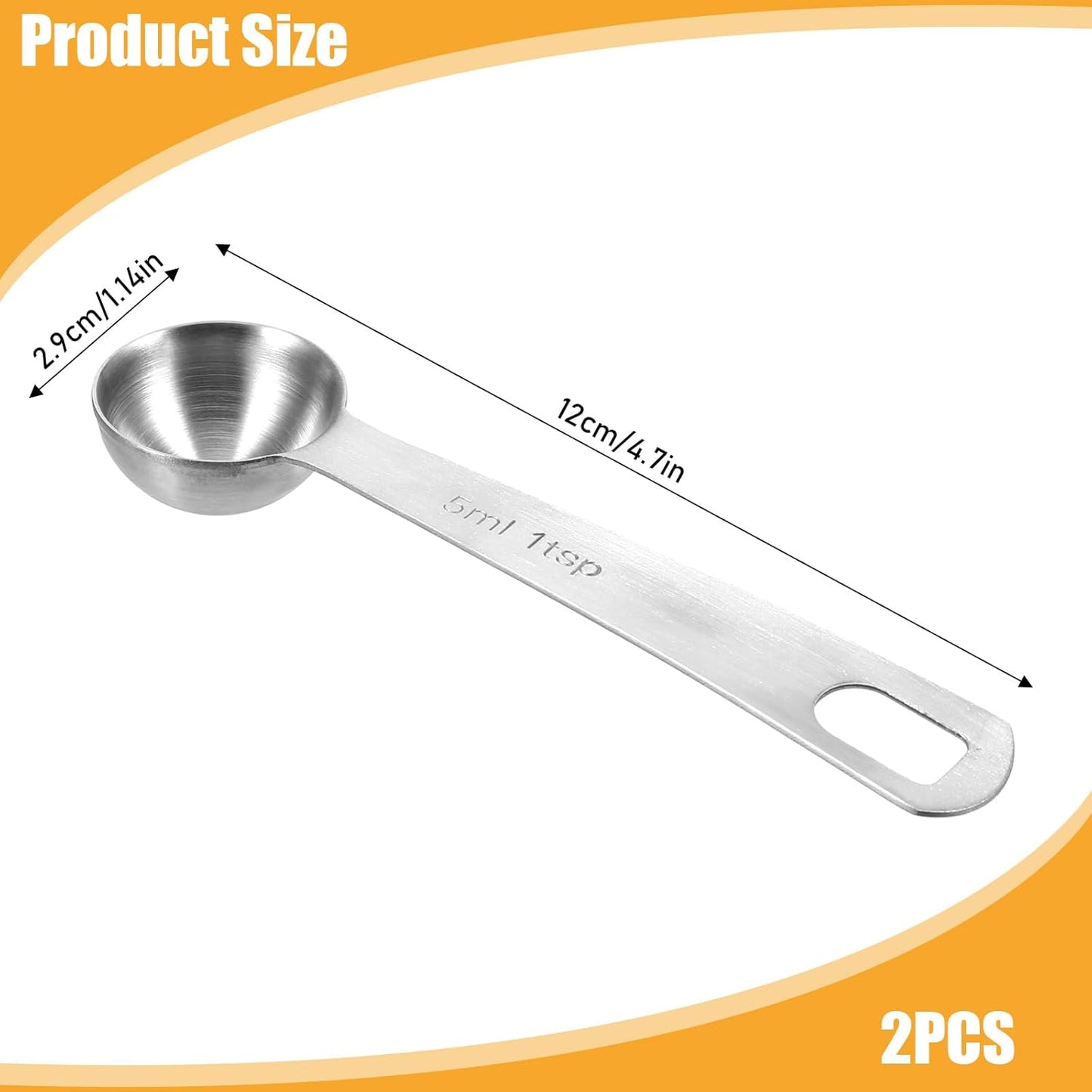 2Pcs 1 Teaspoon(1 Tsp | 1/3 Tbsp | 5 Ml | 5 Cc | 1/6 Oz) Measuring Spoons Stainless Steel Single Measuring Spoon Long Handle Scoop for Measuring Coffee Pet Food Grains Protein Spices Dry Goods -Silver