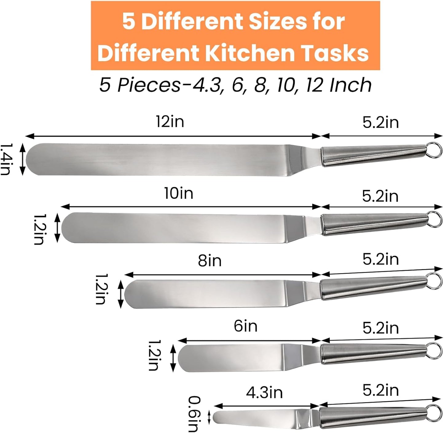 Hacaroa Set of 5 Angled Icing Spatula with 3 Cake Scraper, Offset Spatula with 4, 6, 8, 10, 12 Inch Blades Stainless Steel for Cake Frosting, Decorating, Baking, Ergonomic Handle, 5 Sizes