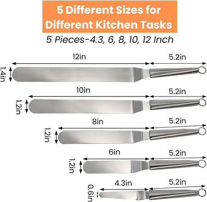 Hacaroa Set of 5 Angled Icing Spatula with 3 Cake Scraper, Offset Spatula with 4, 6, 8, 10, 12 Inch Blades Stainless Steel for Cake Frosting, Decorating, Baking, Ergonomic Handle, 5 Sizes