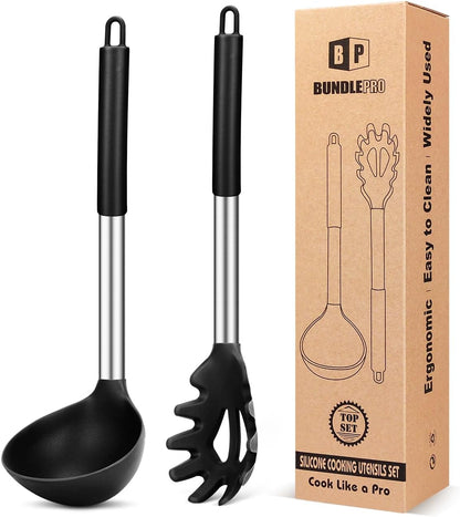 Silicone Pasta Fork and Ladle Spoon Set, Large Non Stick Kitchen Utensils for Cooking,Stirring,Serving Spaghetti, Soup, Sauce (GRAY)