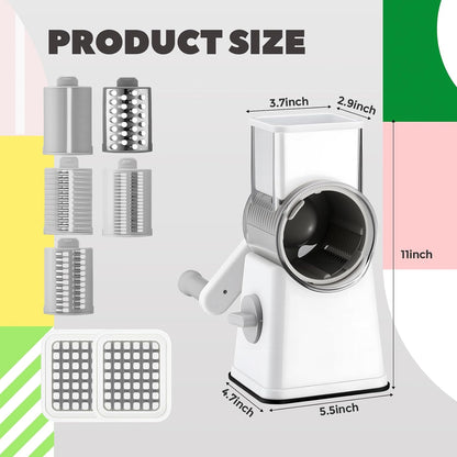 6-in-1 Multifunctional Rotary Cheese Grater with 11 Blades Dice Shred Slice Vegetable Chopper with Suction Base 360° Rotating Handle Safety Push Cup Multi Food Slicer Dicer for Kitchen(White)